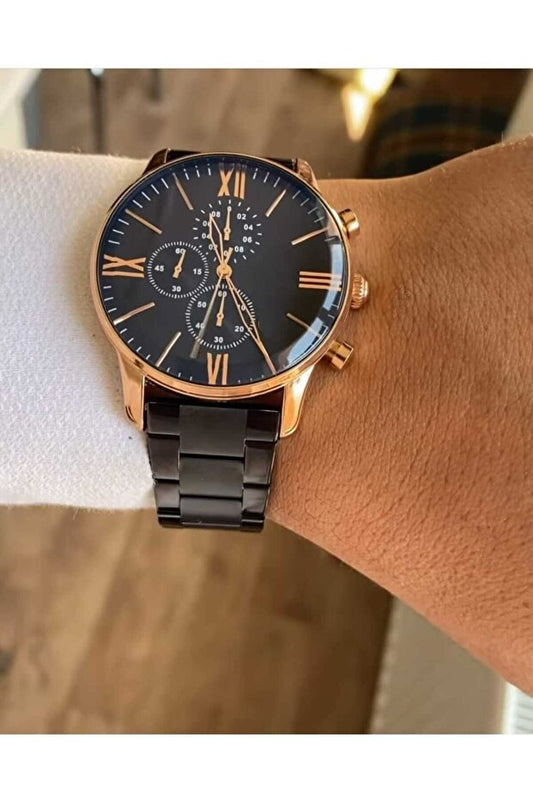 Montre-bracelet pour homme ÇENÇEN,  bracelet noir, boîtier or rose, acier inoxydable avec revêtement IPC, métal sport