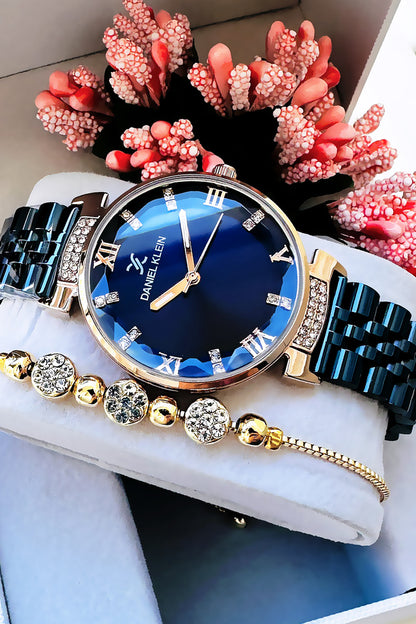 Montre-bracelet pour femme Daniel Klein  Original en verre taillé, bracelet en acier bleu marine étanche - Cadeau Dkby2048C8