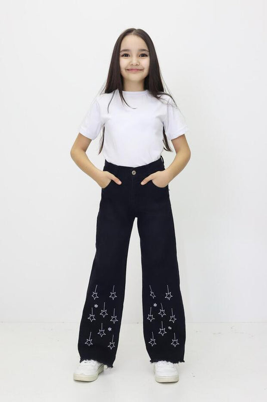 Jeans à jambes larges pour filles RAPIDO LIFE  avec broderie d'étoiles et ourlet à franges (6-12 ans)