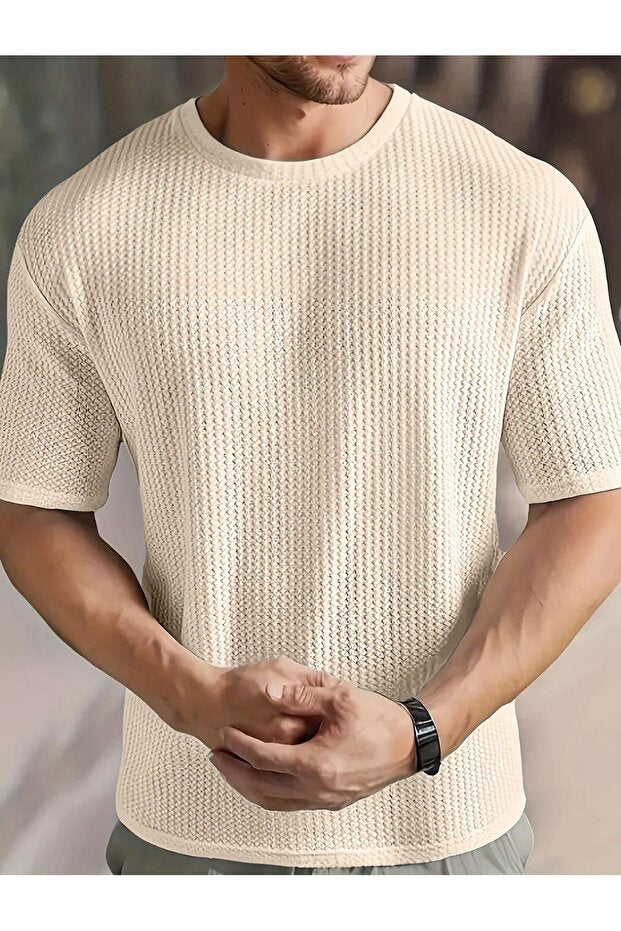 Chemise beige à manches courtes et col rond en tissu gaufré Robert pour homme de caddekombin