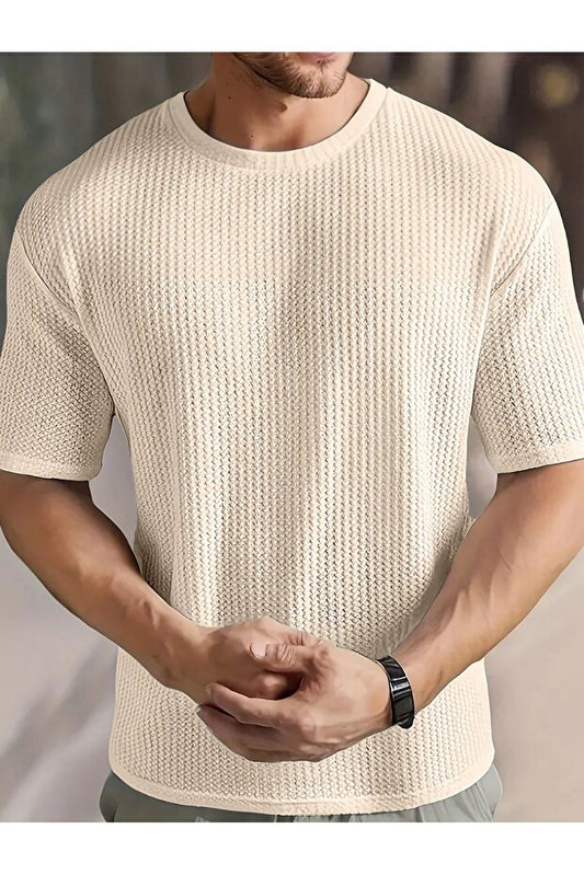 Chemise beige à manches courtes et col rond en tissu gaufré Robert pour homme de caddekombin