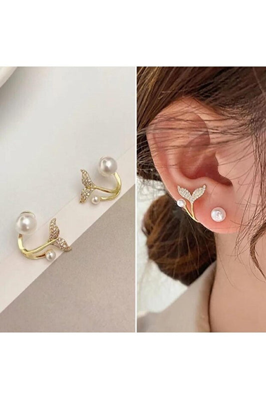 Boucles d'oreilles Toptanhanem  élégantes en forme de queue de poisson, ornées de perles et de zircon, plaquées or | Pour le quotidien, le sport et les occasions spéciales