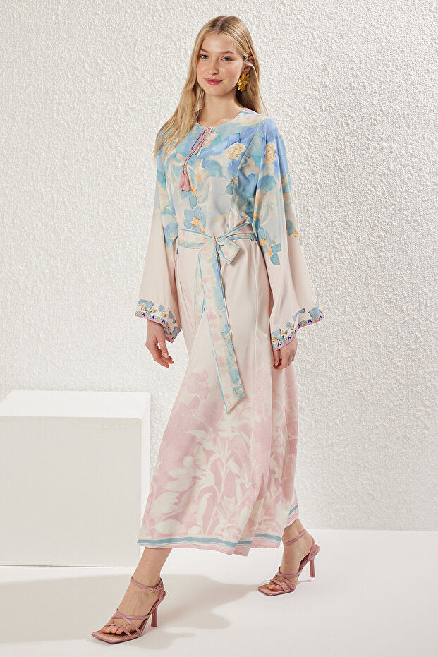 Trendyol Modest Powder Linen Look Spanish Sleeves Belted Print Woven Dress Tctss25Eb00033