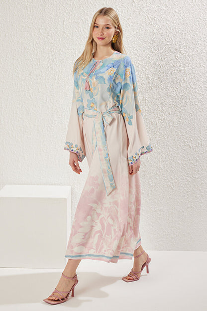 Trendyol Modest Powder Linen Look Spanish Sleeves Belted Print Woven Dress Tctss25Eb00033