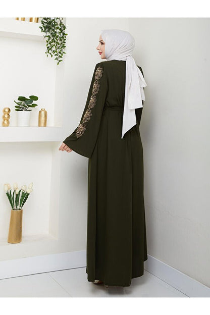 ABAYA ESLEMNUR  À MOTIFS DE PALMIERS ET ORNÉE DE PERLES JAUNES