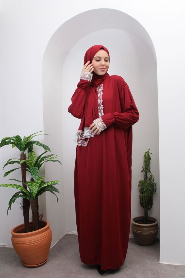 Robe de prière saisonnière en dentelle pour femme de la collection Kutay, avec foulard intégré, tenue de prière respirante