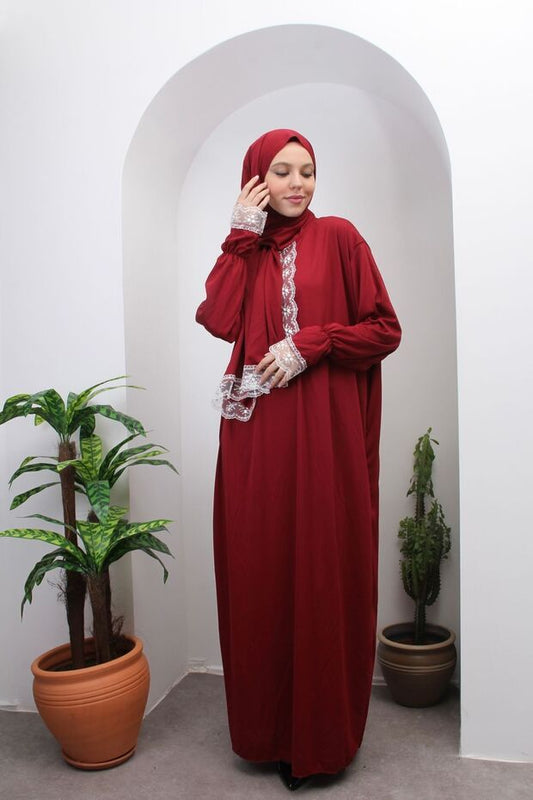 Robe de prière saisonnière en dentelle pour femme de la collection Kutay, avec foulard intégré, tenue de prière respirante