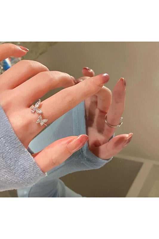 Bague Toptanhanem élégante à double papillon - Couleur argent