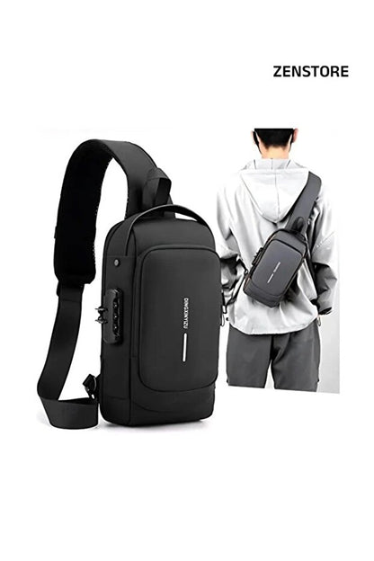 Sac bandoulière antivol noir générique , sac à dos de poitrine étanche avec port de chargement USB, sac à dos bandoulière