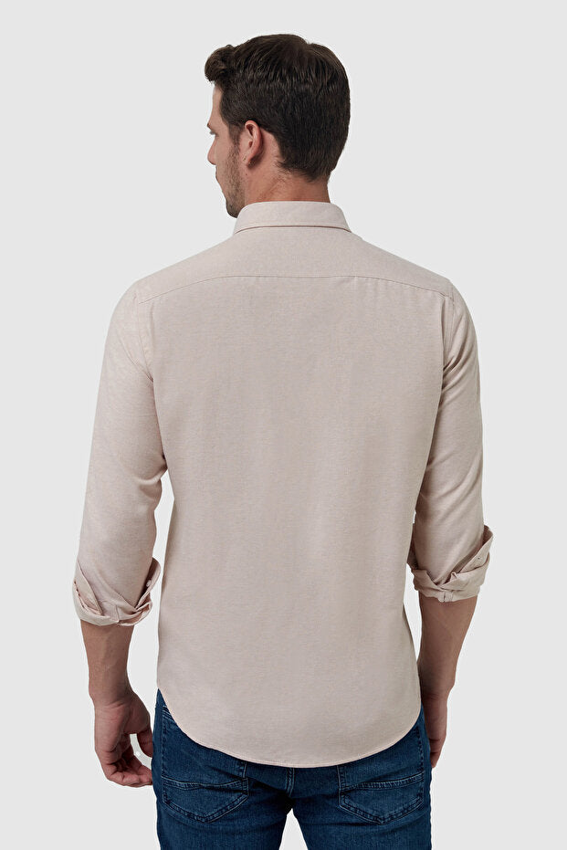 Chemise en coton brodé beige Oxford coupe slim D'S Damat, col boutonné, facile à repasser