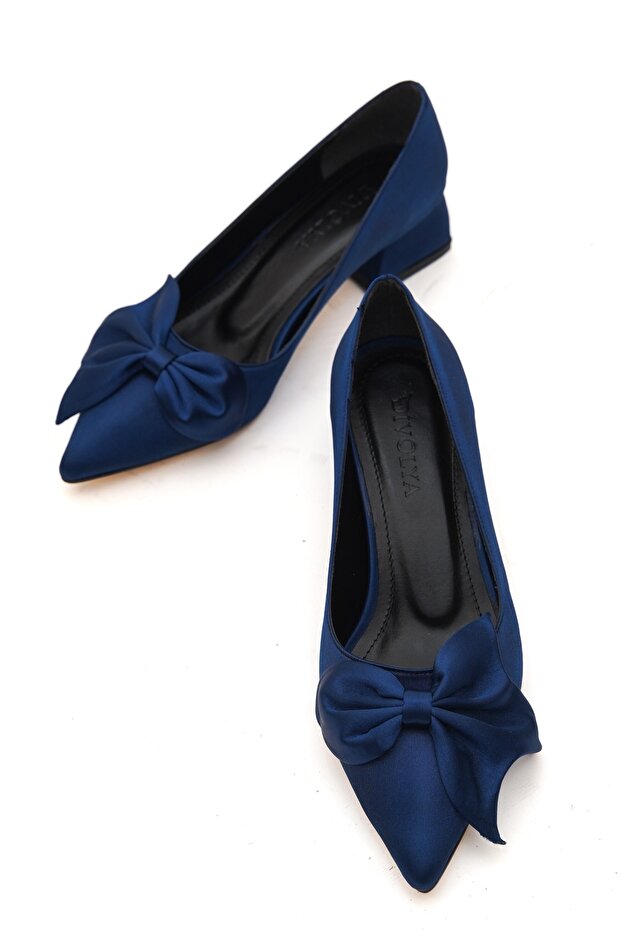 Chaussons à talons hauts Camil bleu marine en satin avec nœud (4 cm) de la boutique DURU'S BOUTIQUE