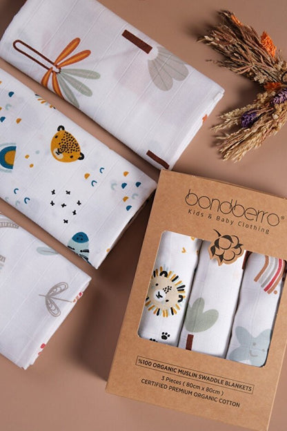 Ensemble de 3 couvertures en mousseline Bondberro - 100 % coton, certifié Oeko-Tex, 80 x 80 cm