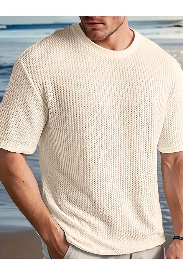 Chemise beige à manches courtes et col rond en tissu gaufré Robert pour homme de caddekombin