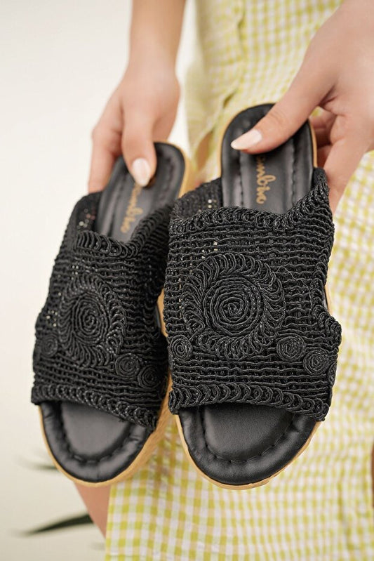 Pantoufles en paille pour femmes Modafırsat  , noires, tricotées, en dentelle, avec détails brodés, élégantes pantoufles d'été pour la maison, la plage et les vacances.