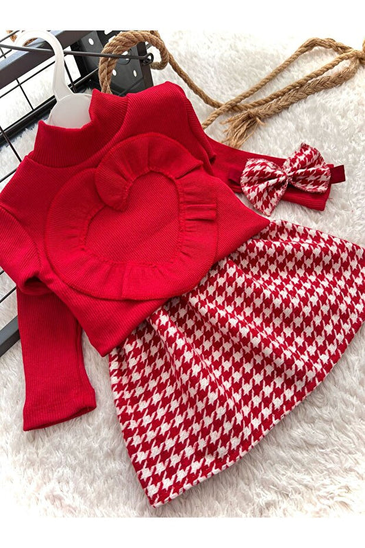Ensemble jupe, chemisier et bandana pied-de-poule rouge Bahnur pour bébé/enfant (tenue assortie haut et bas)