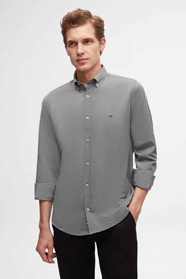 Chemise en coton brodé D'S Damat  Slim Fit Anthracite Oxford à col boutonné, facile à repasser
