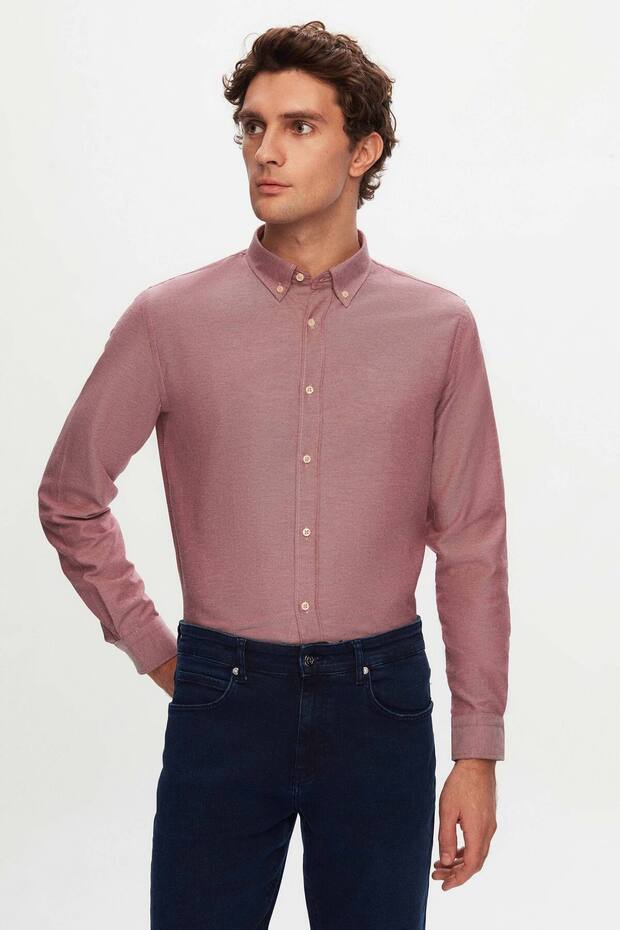 Chemise en coton rouge texturée à col boutonné, coupe slim Damat de D'S