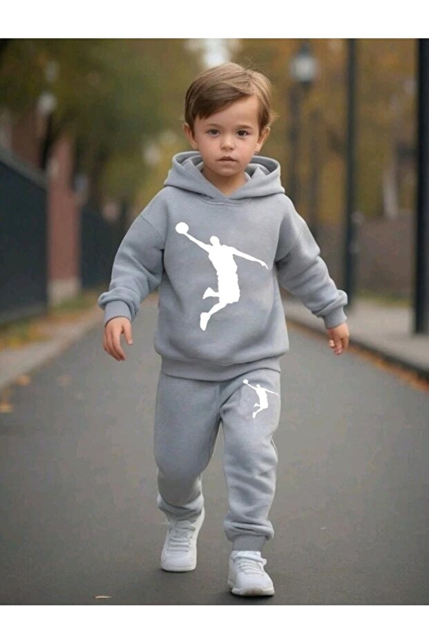 Ensemble haut et bas à manches longues et capuche gris pour enfant KTT TEXTILE