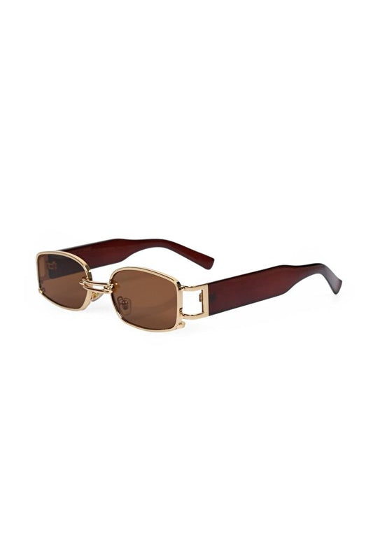 Lunettes de soleil TomyHelf  pour femmes, style rétro rectangulaire, monture marron, verres marron, sans anneau ni logo.