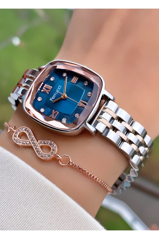 Montre femme Ferrucci , bracelet en acier et verre cristal doré rose