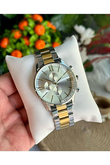 Montre-bracelet pour homme ÇENÇEN en acier inoxydable bicolore argent et or plaqué IPC