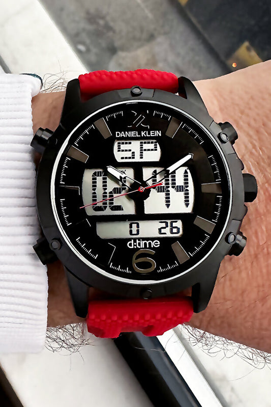 Montre homme Daniel Klein , étanche à 3 ATM, bracelet en silicone rouge, cadeau inclus (DKBH5184C5)