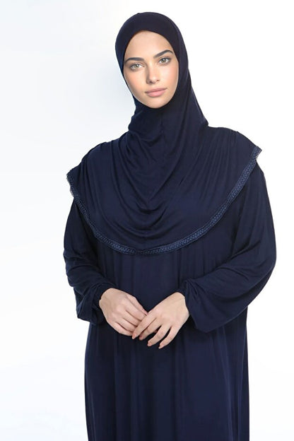 Robe de prière hijab en coton noir avec dentelle, collection automne  , en jersey une pièce.