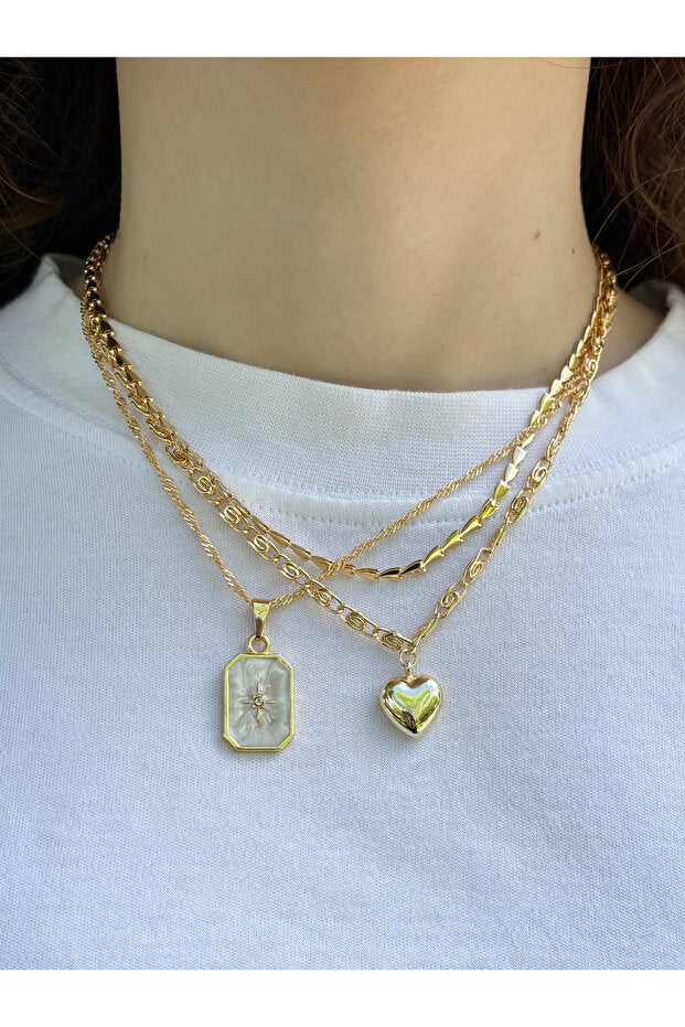 Ensemble de colliers et colliers à maillons cœur émaillés couleur or pour femmes Eylülün Takı