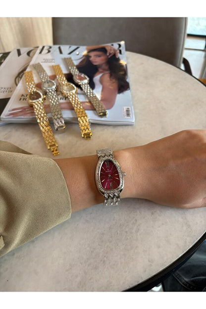 Montre-bracelet femme Bluemix Accessories SERENAY, modèle bordeaux en acier (cadeau inclus)