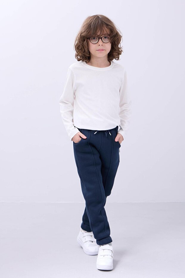 Pantalon de survêtement unisexe pour enfant Perendi , bleu marine, confortable, doublé polaire et élastiqué, avec poches