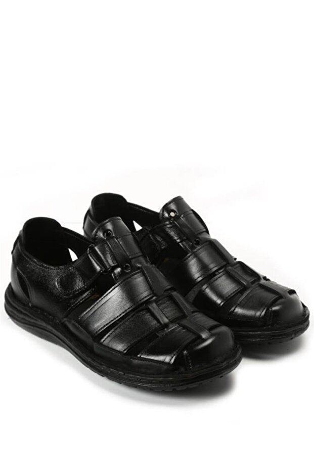 Ayakkabı Sandales  pour hommes en cuir véritable noir, à porter au quotidien