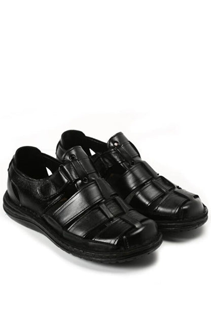 Ayakkabı Sandales  pour hommes en cuir véritable noir, à porter au quotidien