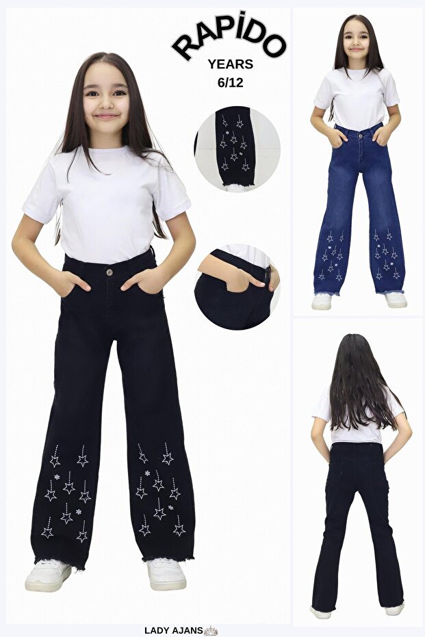 Jeans à jambes larges pour filles RAPIDO LIFE  avec broderie d'étoiles et ourlet à franges (6-12 ans)