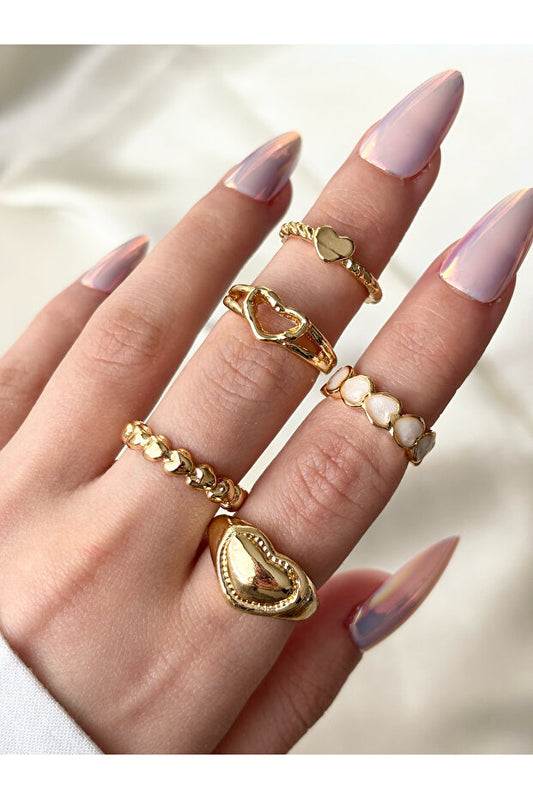 Ensemble de 5 bagues en forme de cœur couleur or pour femme Eylülün Takı