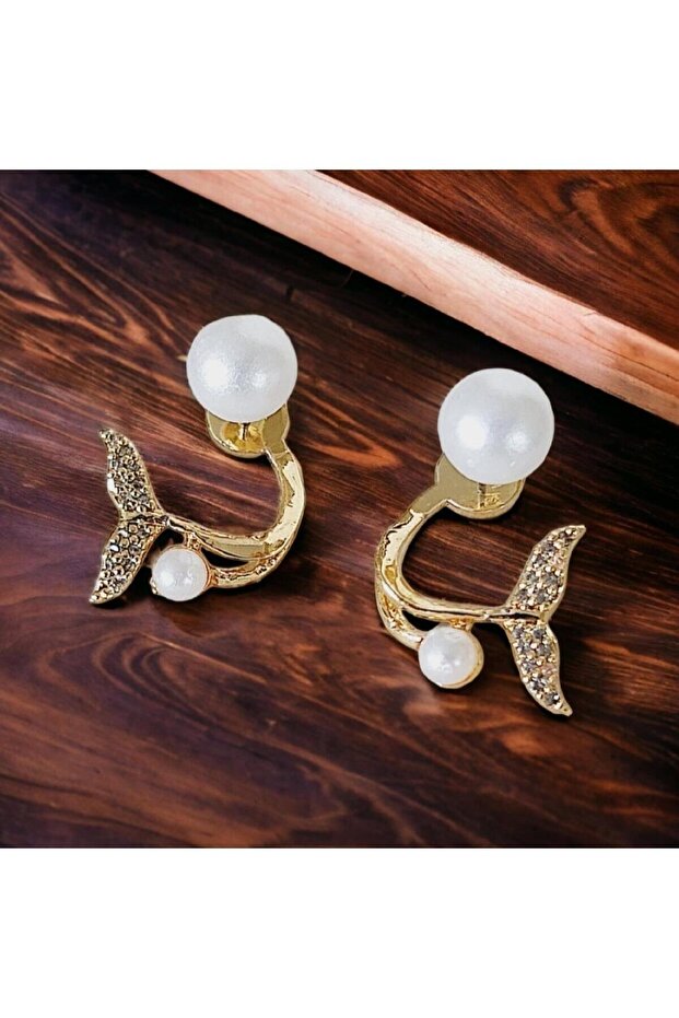 Boucles d'oreilles Toptanhanem  élégantes en forme de queue de poisson, ornées de perles et de zircon, plaquées or | Pour le quotidien, le sport et les occasions spéciales