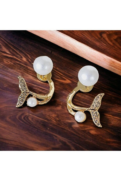 Boucles d'oreilles Toptanhanem  élégantes en forme de queue de poisson, ornées de perles et de zircon, plaquées or | Pour le quotidien, le sport et les occasions spéciales