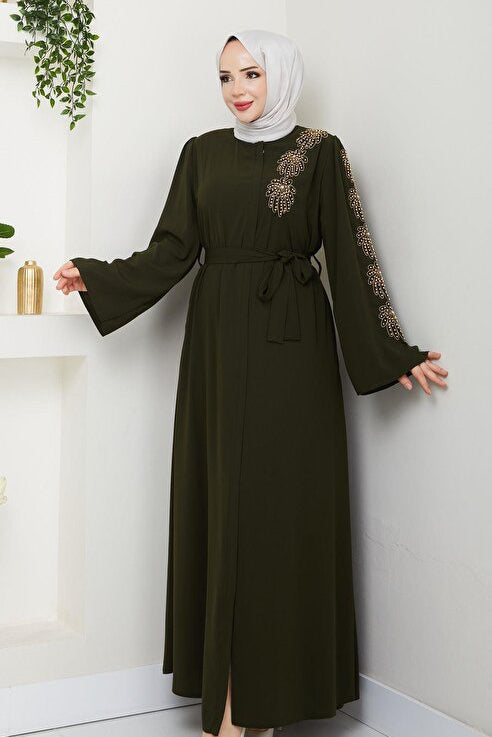 ABAYA ESLEMNUR  À MOTIFS DE PALMIERS ET ORNÉE DE PERLES JAUNES