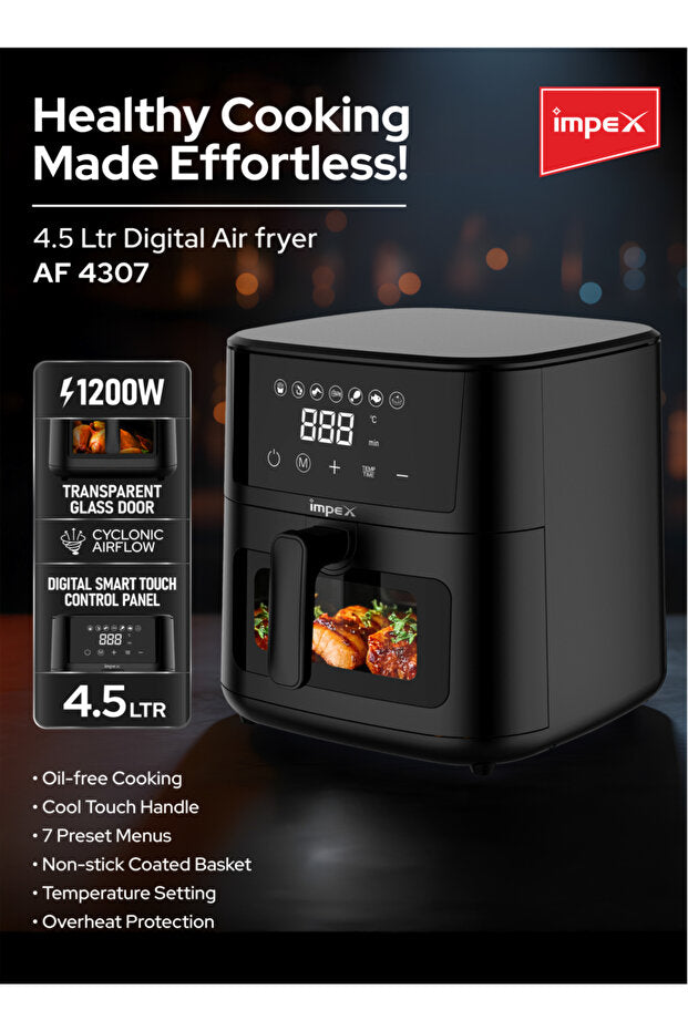 Friteuse à air numérique MPEX Impex 4.5L, 1200W, contrôle de la température réglable, cuisson sans huile, noir. - AF 4307.