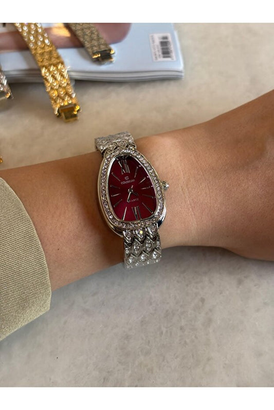 Montre-bracelet femme Bluemix Accessories SERENAY, modèle bordeaux en acier (cadeau inclus)