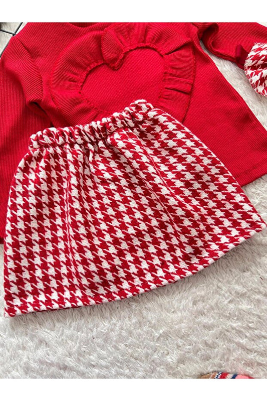 Ensemble jupe, chemisier et bandana pied-de-poule rouge Bahnur pour bébé/enfant (tenue assortie haut et bas)