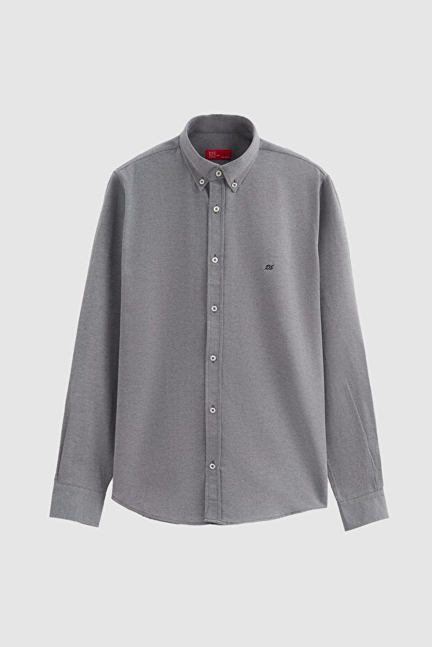 Chemise en coton brodé D'S Damat  Slim Fit Anthracite Oxford à col boutonné, facile à repasser