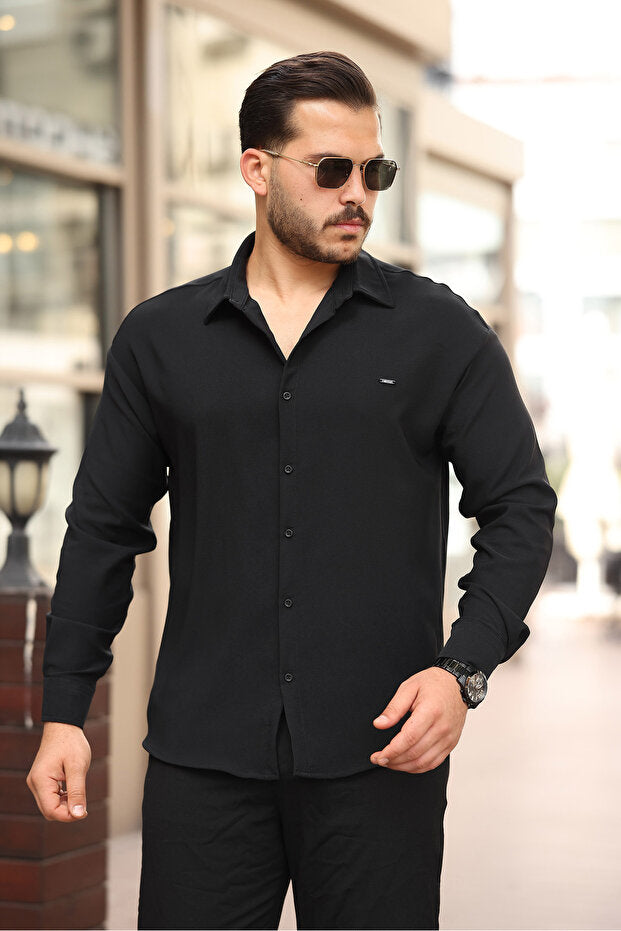 Chemise homme Plus1 demi-coupe oversize à manches longues, facile à repasser, en tissu double face respirant et absorbant la transpiration -801-Noir
