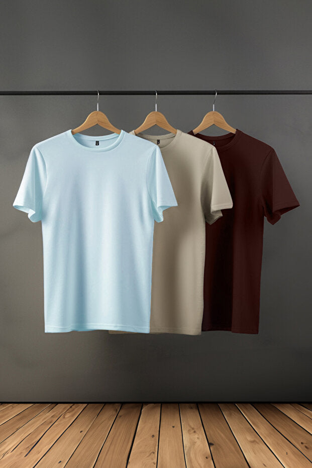 Ensemble de 3 t-shirts Trendyol Collection marron foncé, gris pierre et bleu clair, coupe ajustée, col rond, 100 % coton - Tmnss19Bo0007