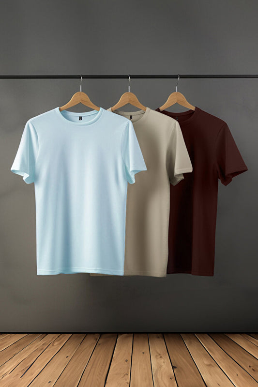 Ensemble de 3 t-shirts Trendyol Collection marron foncé, gris pierre et bleu clair, coupe ajustée, col rond, 100 % coton - Tmnss19Bo0007