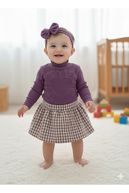 Ensemble jupe, chemisier et bandana pied-de-poule rouge Bahnur pour bébé/enfant (tenue assortie haut et bas)