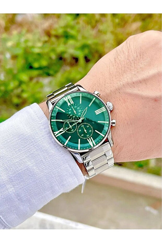 Montre homme sport ÇENÇEN,  cadran vert, bracelet argenté, boîtier bicolore en acier inoxydable avec revêtement IPC