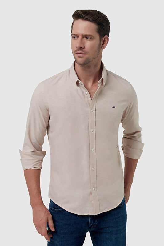 Chemise en coton brodé beige Oxford coupe slim D'S Damat, col boutonné, facile à repasser