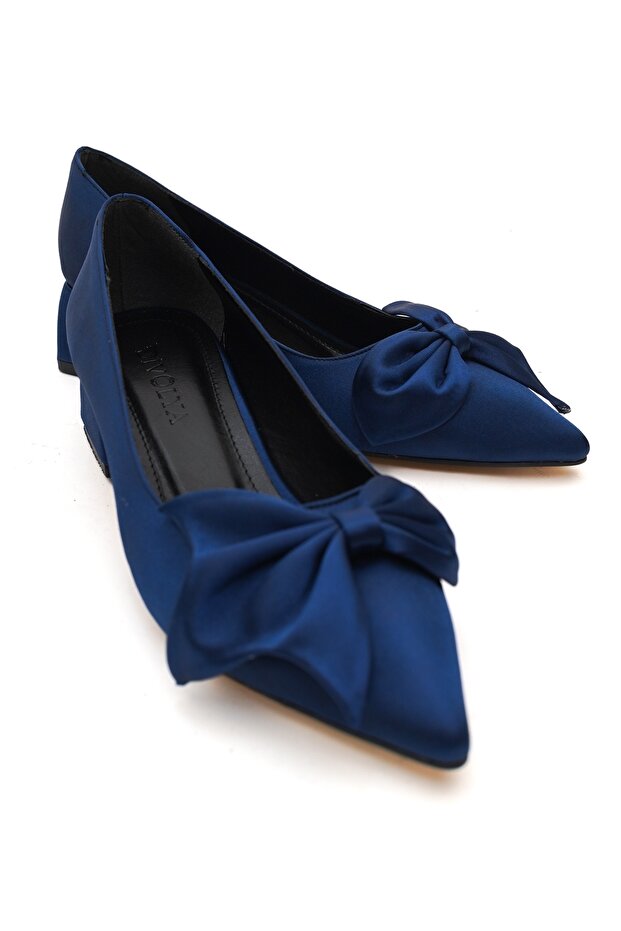 Chaussons à talons hauts Camil bleu marine en satin avec nœud (4 cm) de la boutique DURU'S BOUTIQUE
