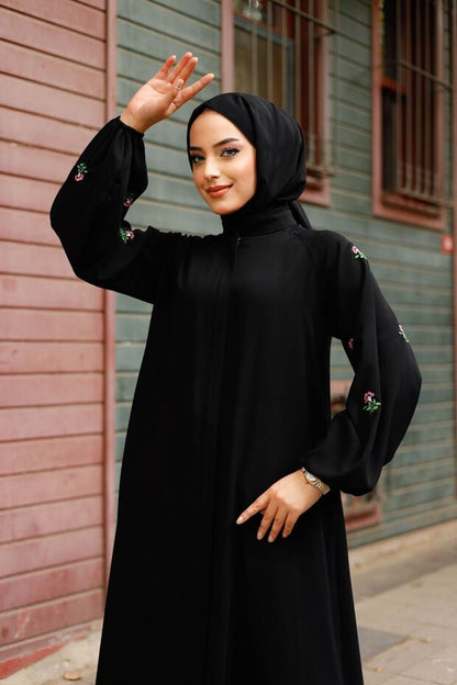 Abaya en soie noire Medina à motif floral pour femme MARQUANT  , avec fermeture éclair à boutonnière, ceinture et poches (style hijab)