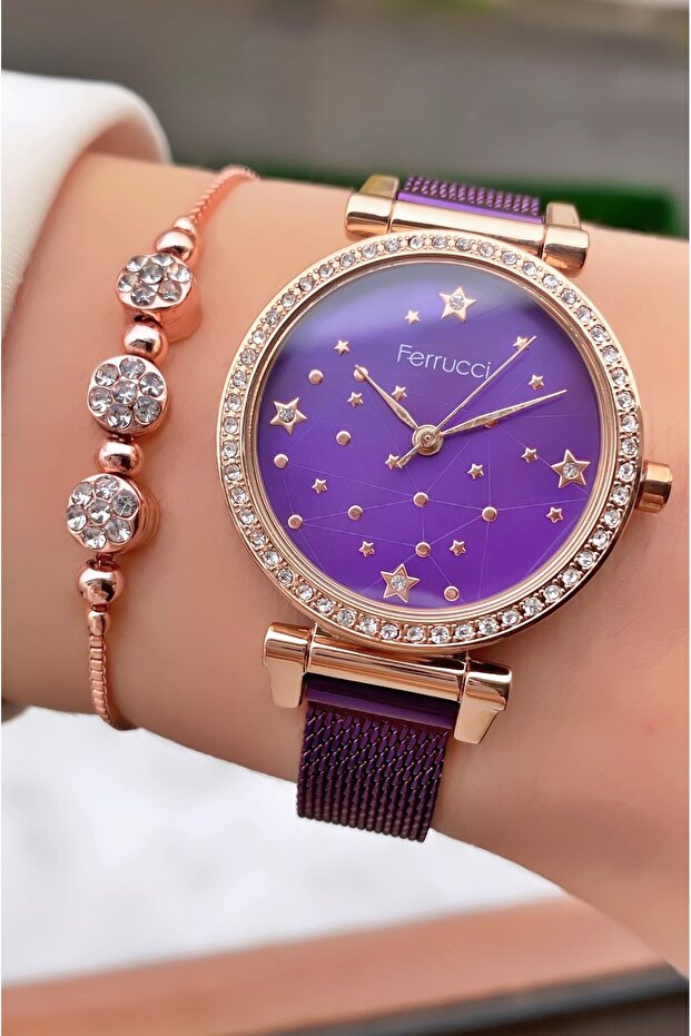 Montre femme Ferrucci , bracelet en acier violet, garantie 2 ans